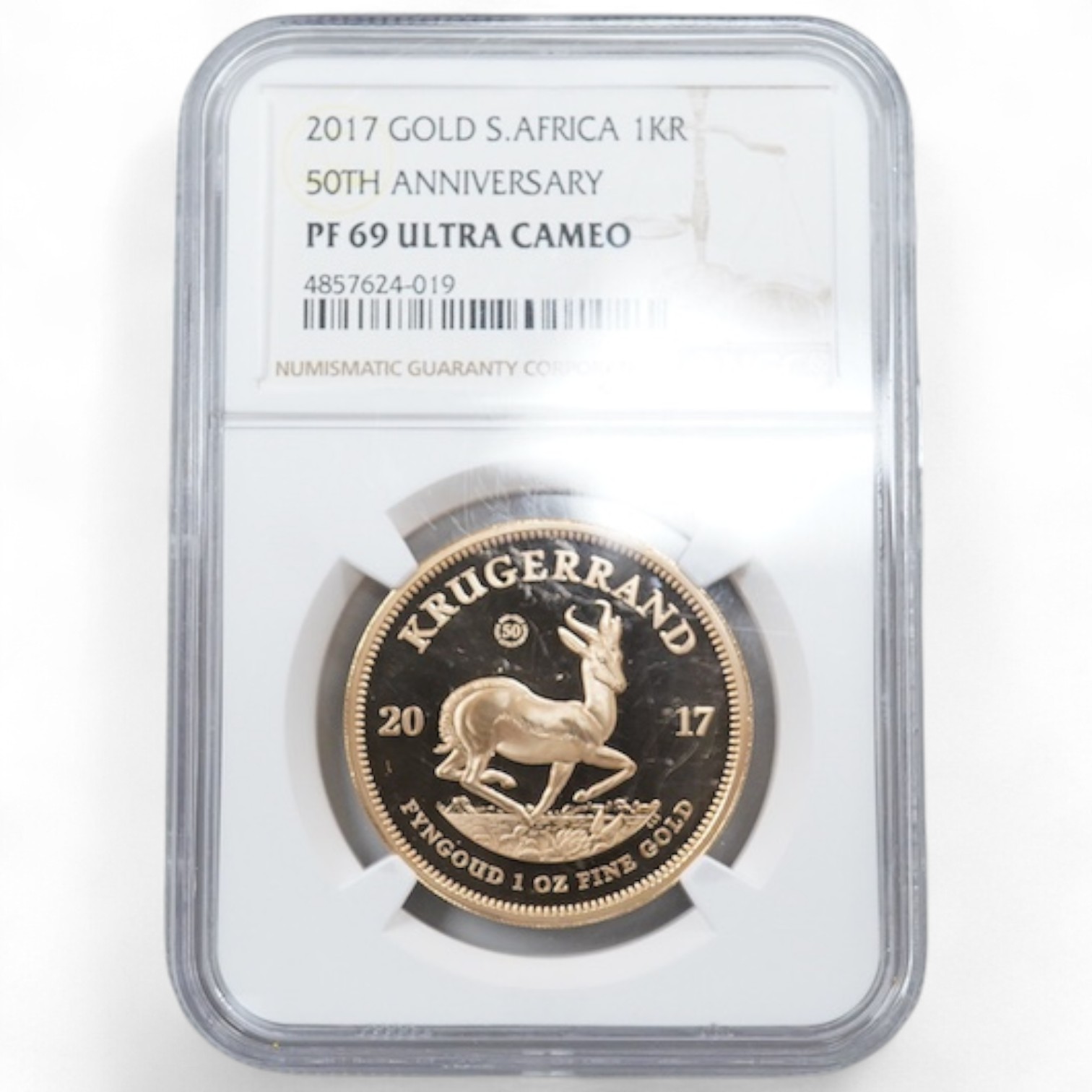 Gold coins, South Africa, 1oz. gold Krugerrand, 2017, NGC encapsulated and graded PF 69 ultra cameo, plastic case scratched